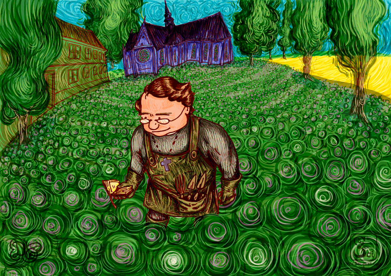 Mendel in the monastery garden tending to his pea plants. An expressionist representation.