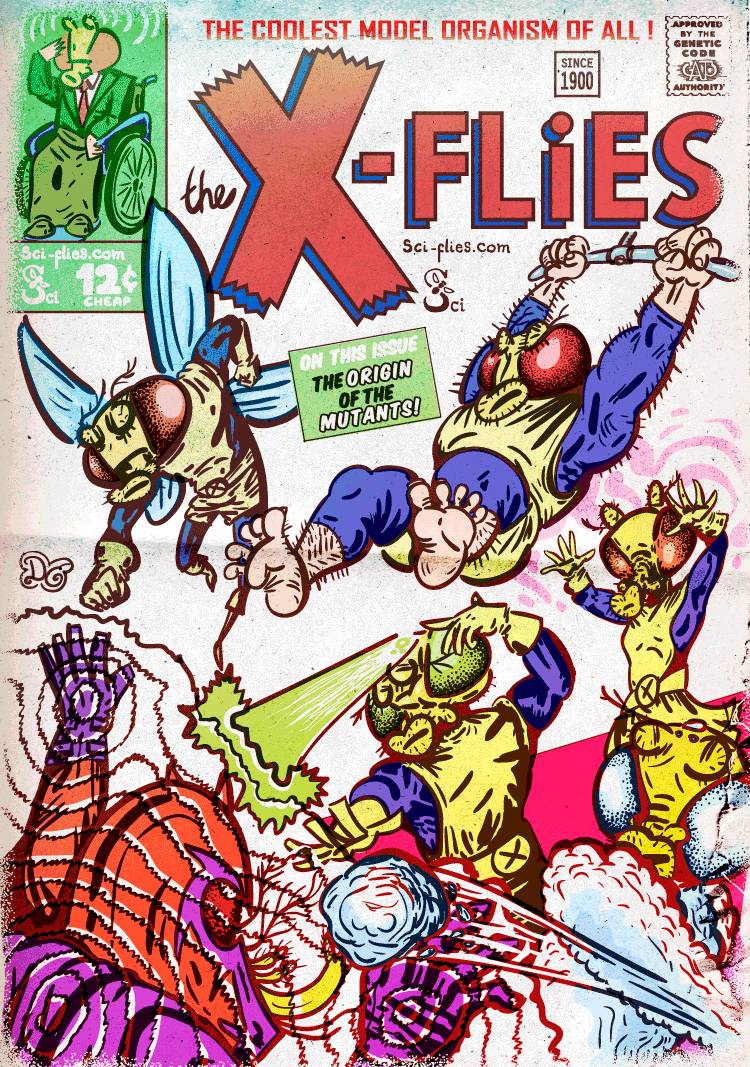Cover to the first issue of the X-Flies. Mutant flies as comic book heroes.